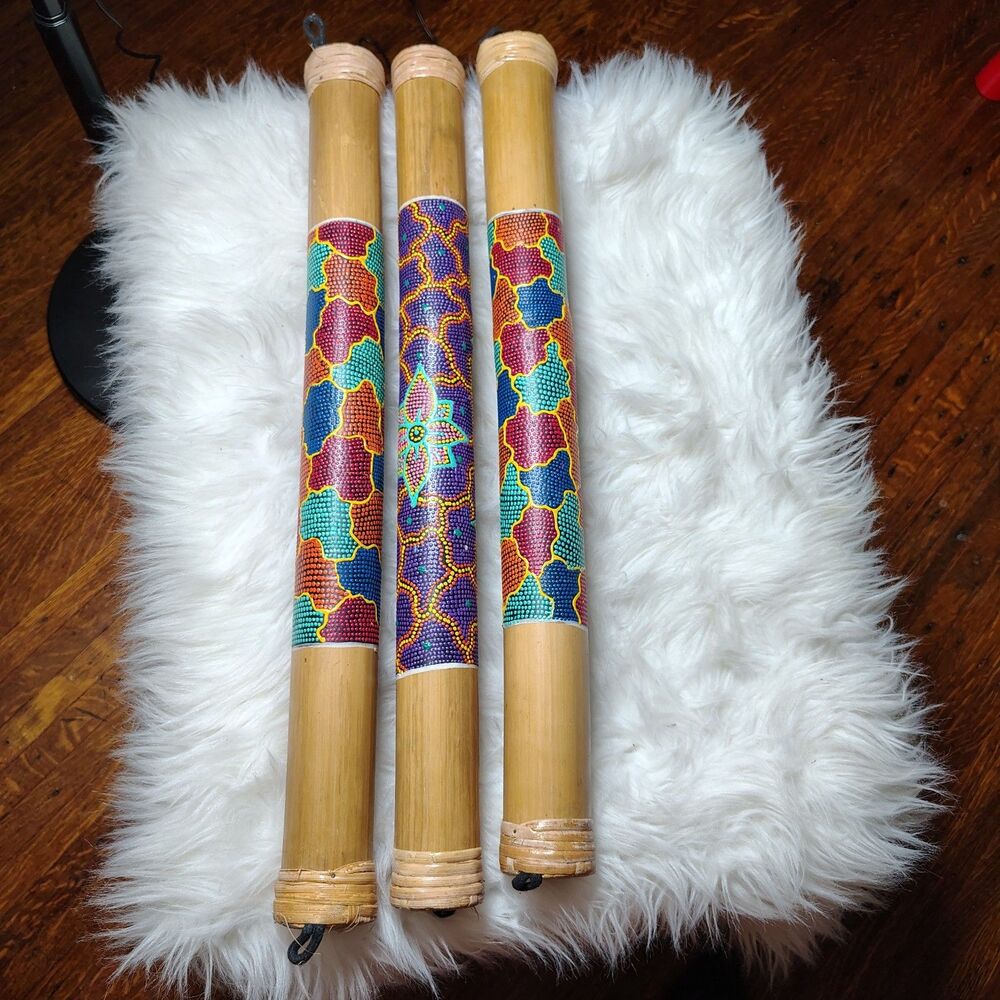 Indonesian Rain Stick Hand painted Percussion Instrument Sound Set Of 3